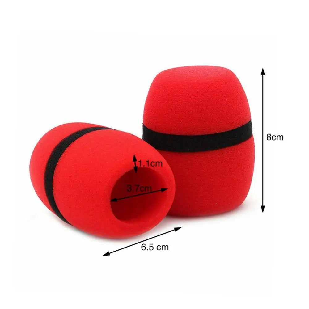A red foam microphone windscreen cover with a black band, shown from the side and top view.