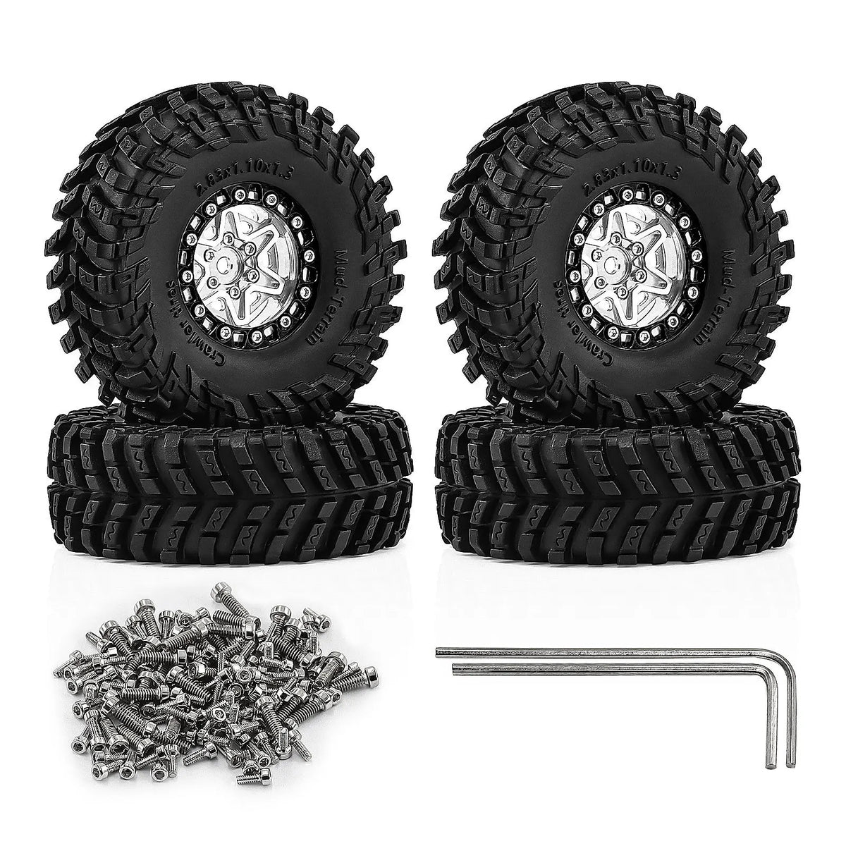 Four black 1.3 inch aluminum RC crawler tires and a metal rod are shown for off-road rigs.