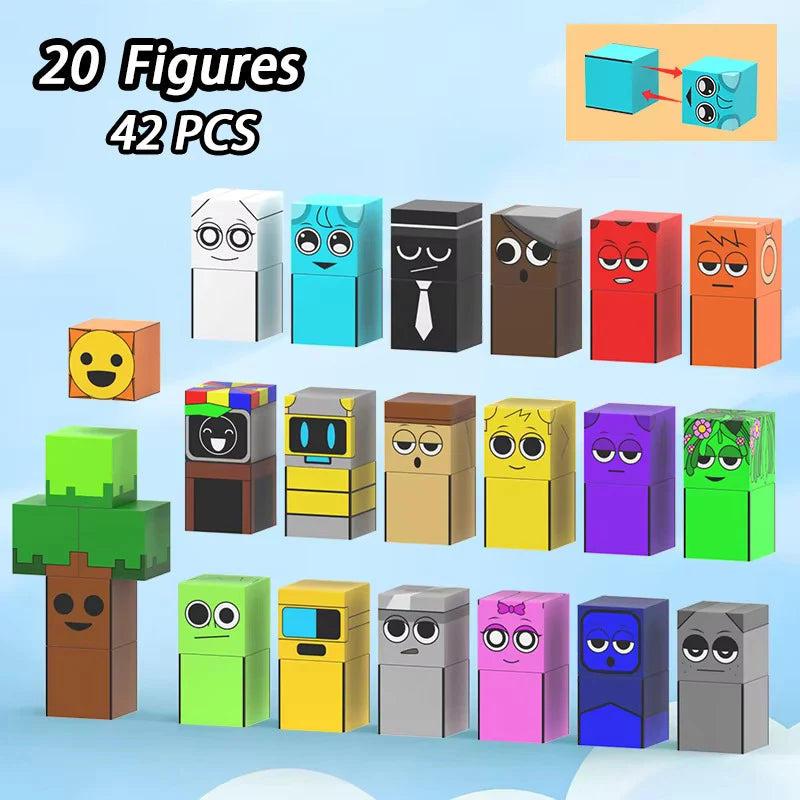 A set of 20 figures made of magnetic building blocks in various colors and styles for children's play.