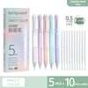 A set of five colored 0.5mm quick-drying gel pens in various shades of pink and blue.