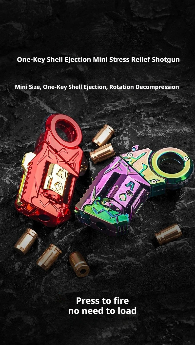 A close-up photo of a red and purple metal gun-shaped fidget toy with brass components on a dark surface.