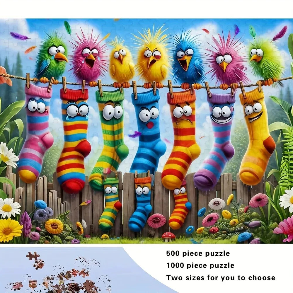A colorful puzzle featuring a line of striped socks with various facial expressions and bright colors.