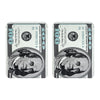 A pair of small, silver-colored mylar bags featuring a dollar sign pattern and an engraved portrait.