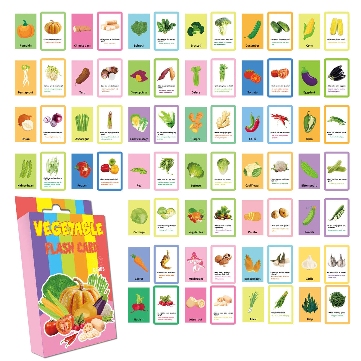A set of colorful vegetable flash cards for early learning, featuring various fruits and vegetables.
