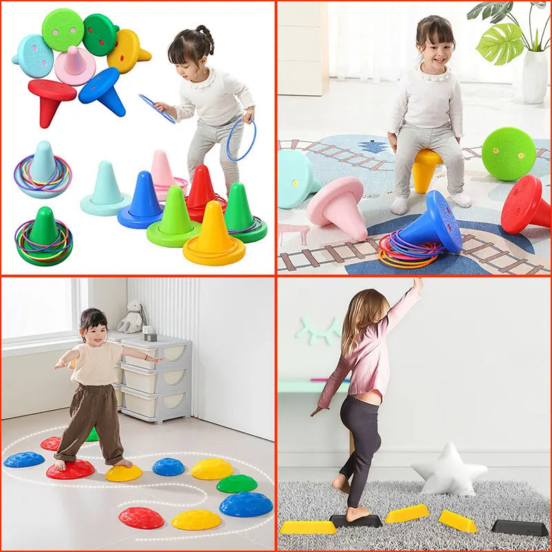A set of colorful balance stones and related toys used for sensory training and development.