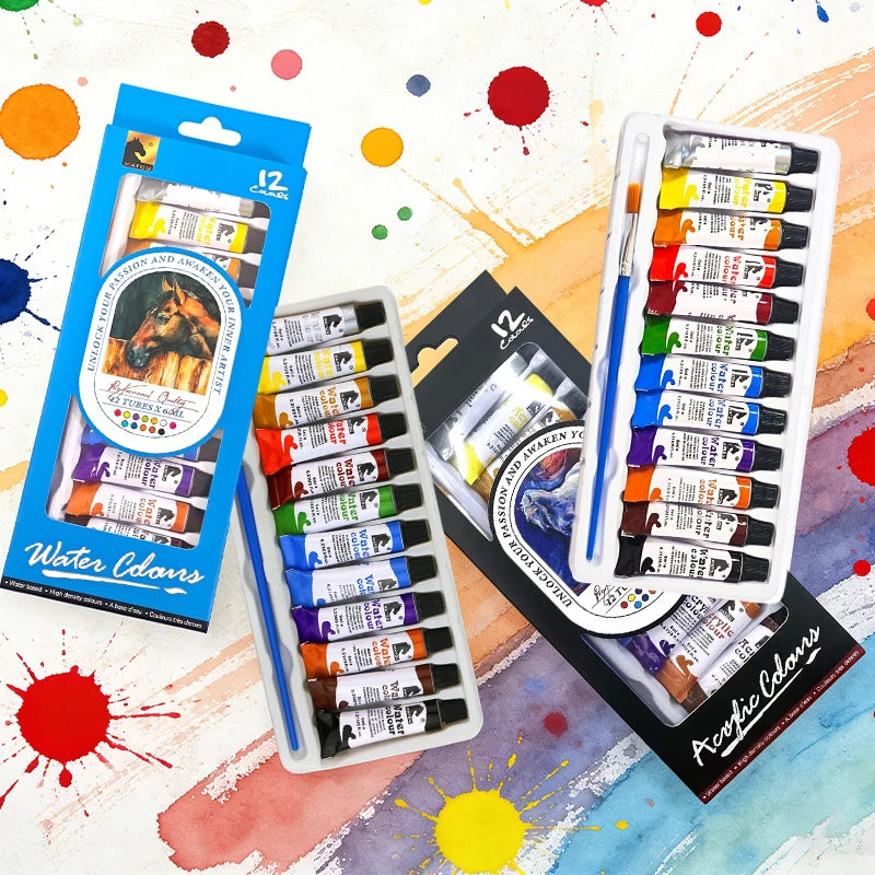 A collection of 12 colored acrylic paints in tubes and a brush set displayed on a watercolor background.