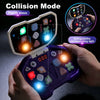 A hand holds a purple rhythm tap game console with various colored lights and buttons, demonstrating the collision mode featu