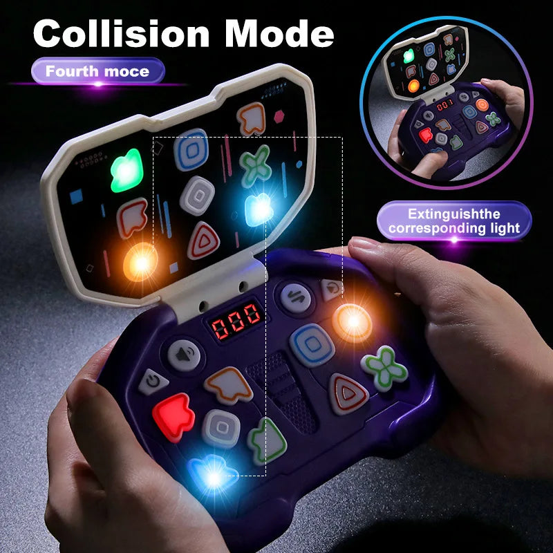 A hand holds a purple rhythm tap game console with various colored lights and buttons, demonstrating the collision mode featu