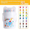 A clear container of water-soluble colored drawing crayons with a rotating core, showing 24 colors.