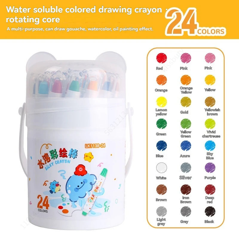 A clear container of water-soluble colored drawing crayons with a rotating core, showing 24 colors.