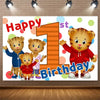 A colorful cartoon illustration of a tiger celebrating a first birthday with the text Happy 1st Birthday.