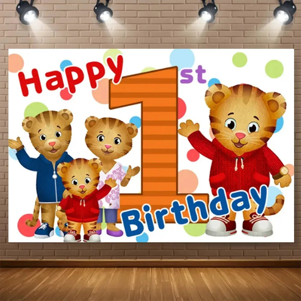 A colorful cartoon illustration of a tiger celebrating a first birthday with the text Happy 1st Birthday.
