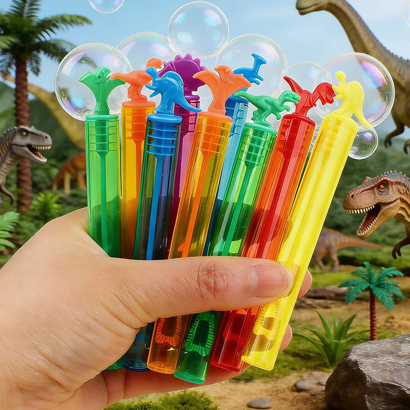 A hand holds a bundle of colorful dinosaur-themed bubble bottles with dinosaur toppers and clear bubbles.