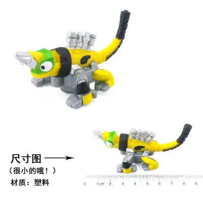 A yellow and green die-cast dinosaur truck toy with a removable dino figure shown next to a ruler.