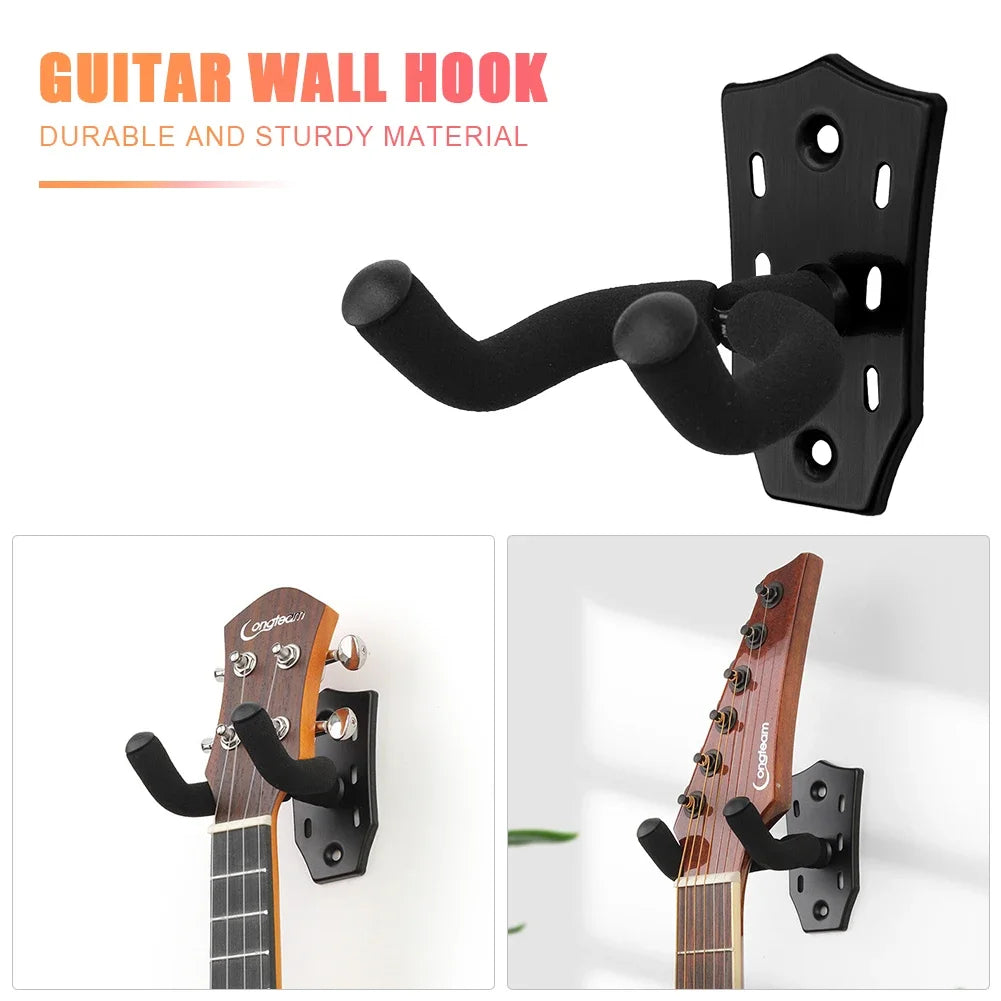 A black guitar wall hook with a padded yoke mounted on a wooden guitar neck.
