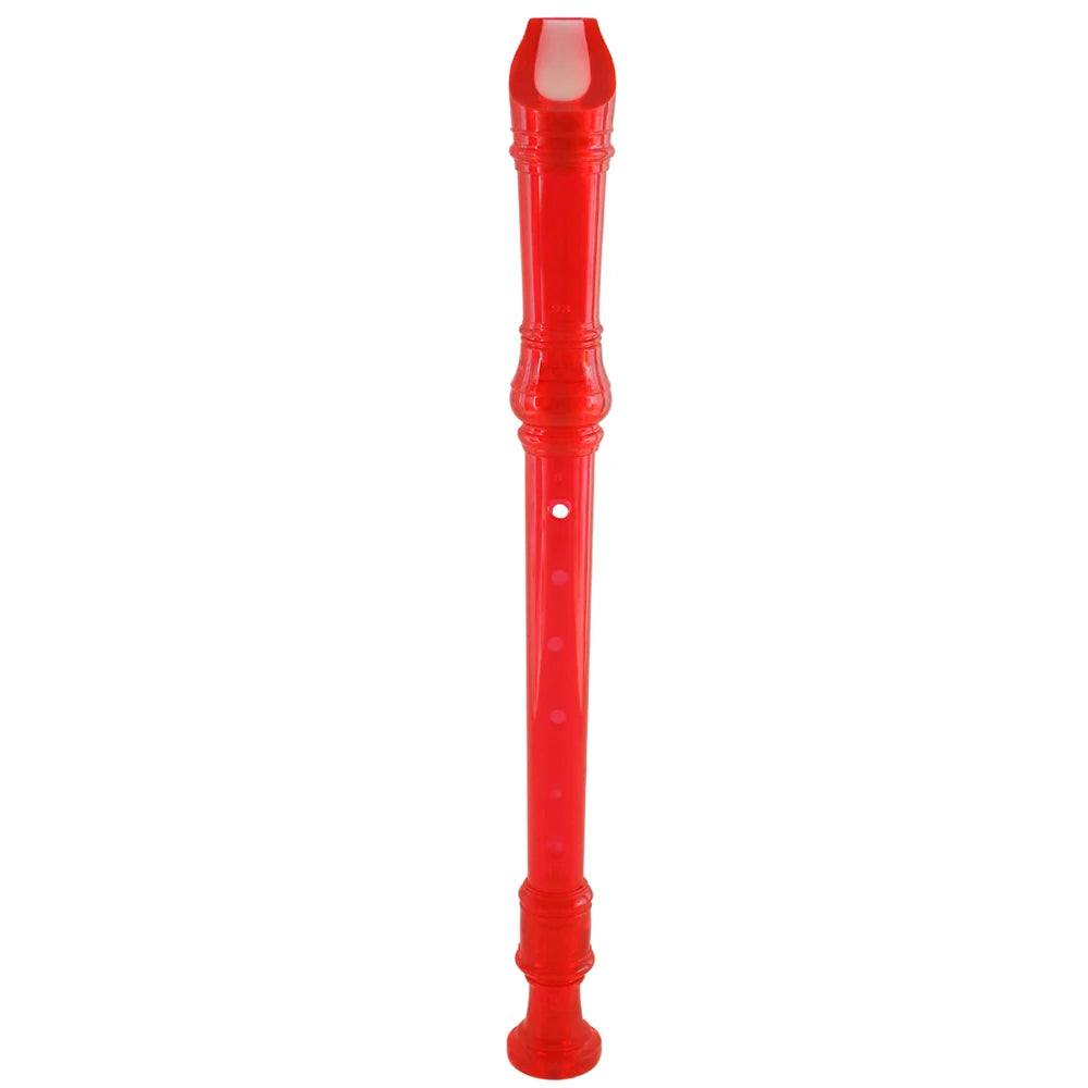 A red transparent ABS recorder with an eight-hole woodwind flute design.