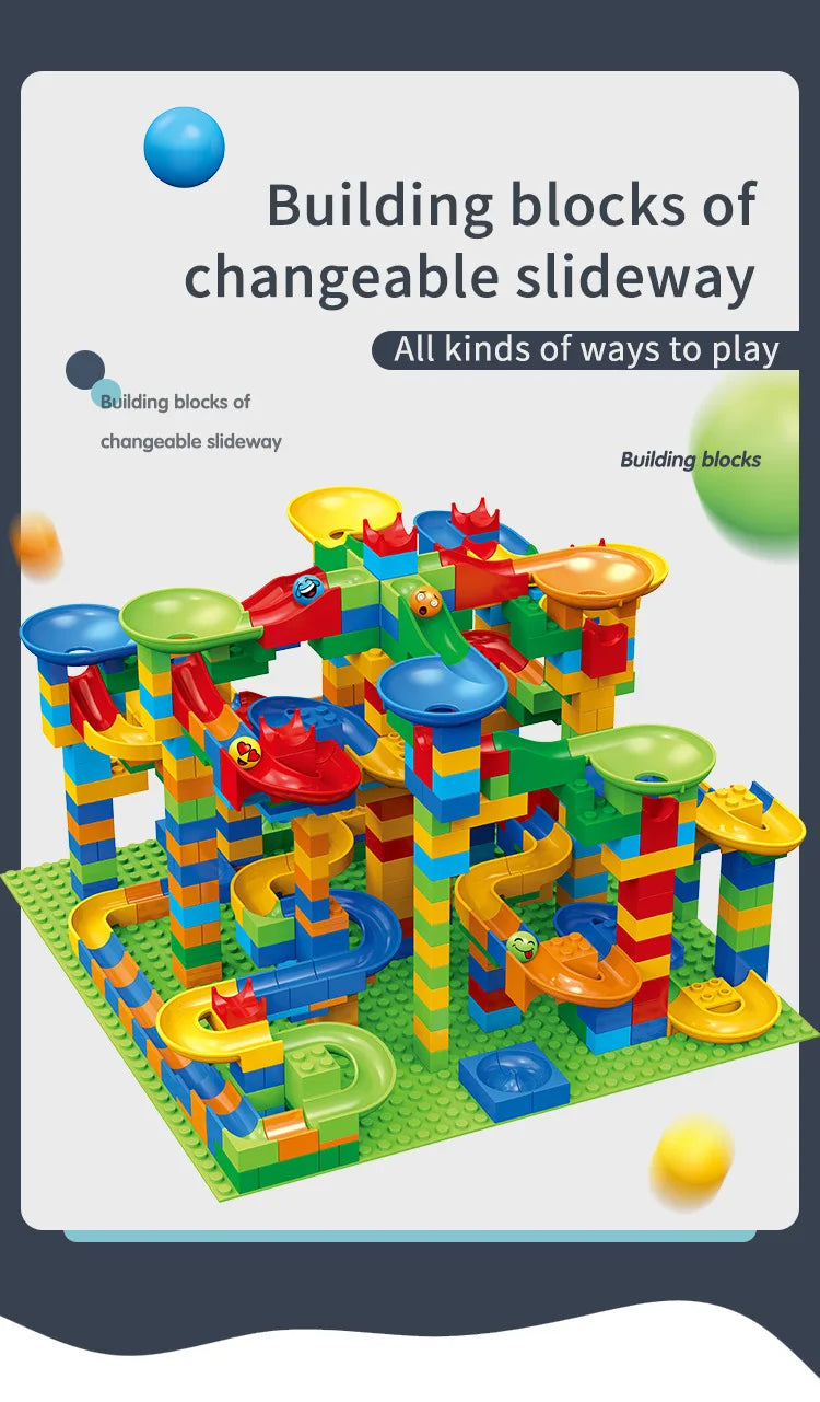 Colorful building blocks maze track toy showing various ways to play and build changeable slidesway structures