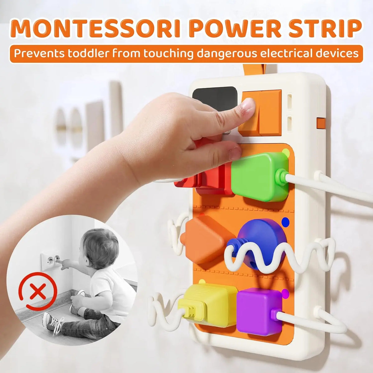 A hand interacts with a Montessori power strip designed to prevent toddlers from touching dangerous electrical devices.