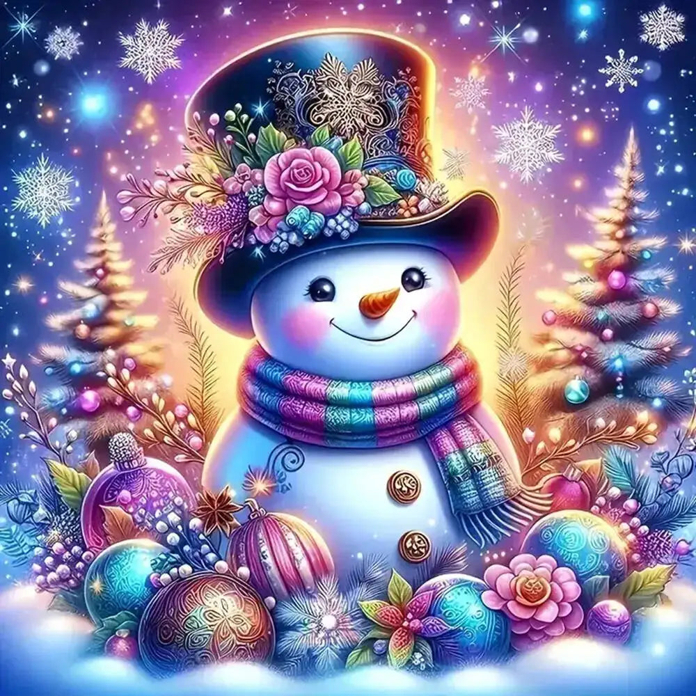 A cute snowman wearing a hat surrounded by festive flowers and Christmas trees with sparkling lights.