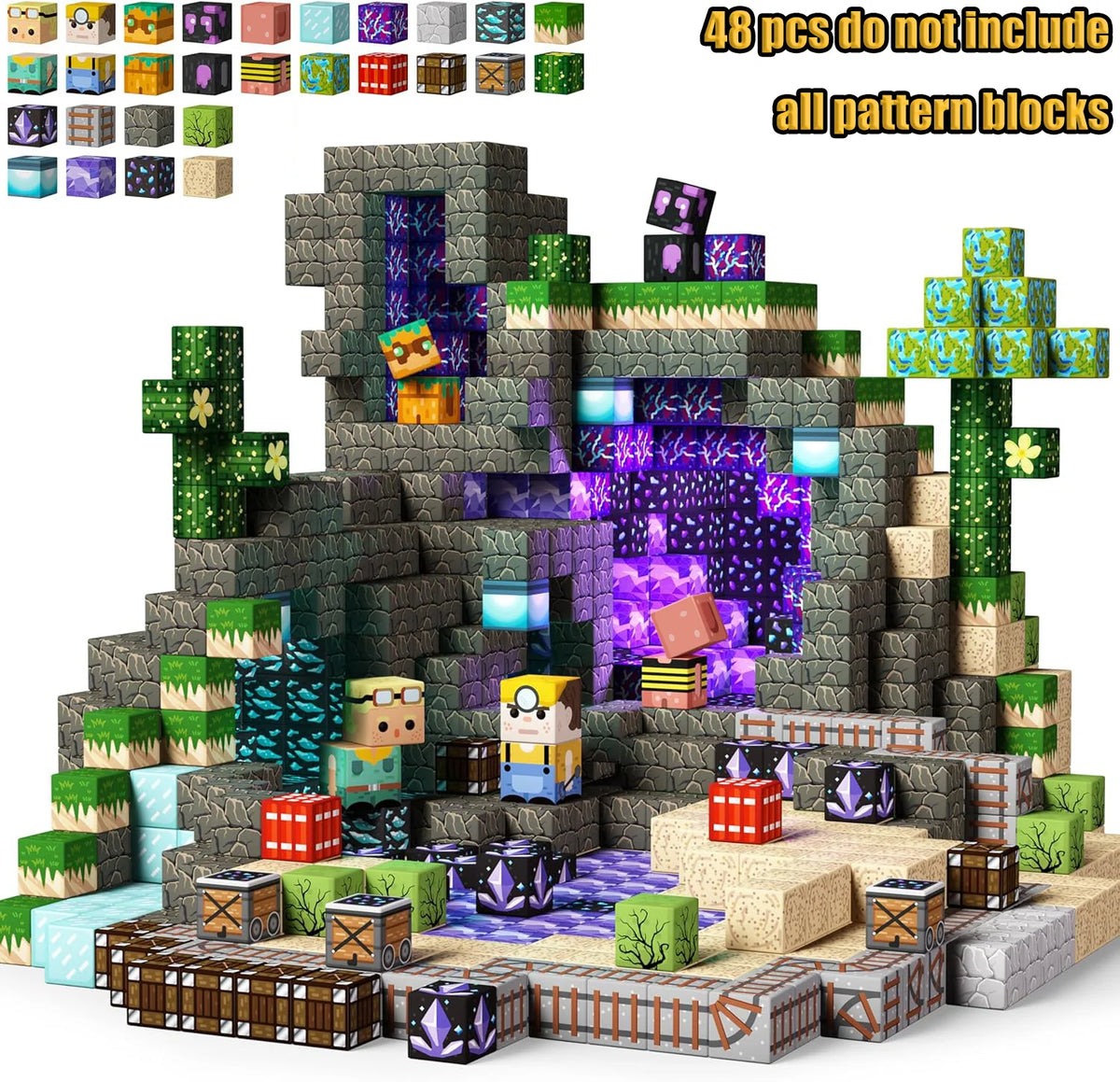 A collection of magnetic building blocks and pattern blocks for constructing a castle set.