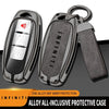 A black zinc alloy protective case for an Infiniti key, showing the device and a separate strap.