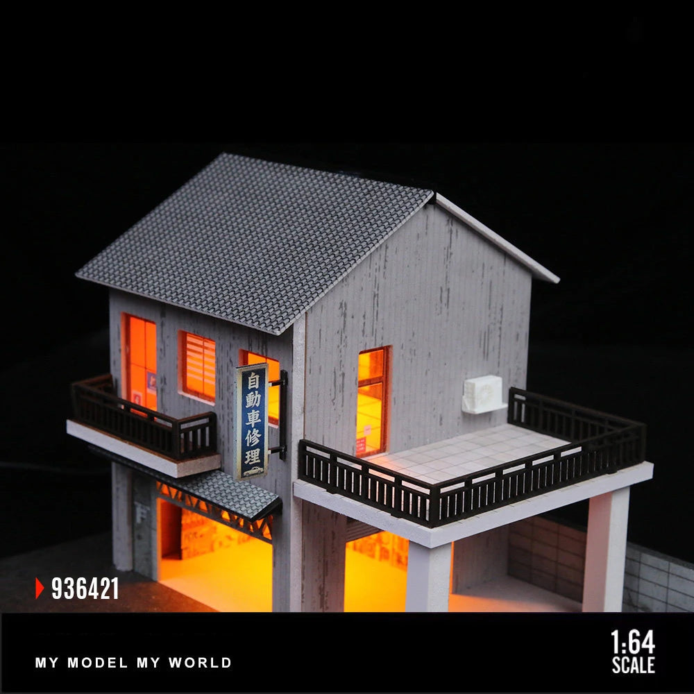 Japanese Style Auto Repair Shop Diorama with LED Lighting