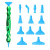 A green Diamond Art pen with a blue tip and twelve interchangeable tips displayed in a row.