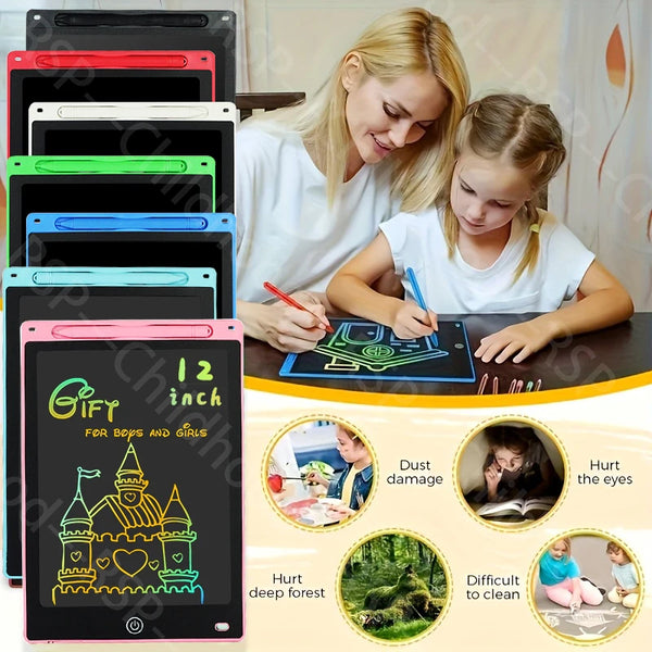 A young girl is drawing on a digital tablet with a pen, demonstrating the 12-inch drawing tablet for kids.