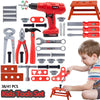 A set of red and gray pretend play tools including an electric drill, hammer, pliers, and various plastic tools for children.