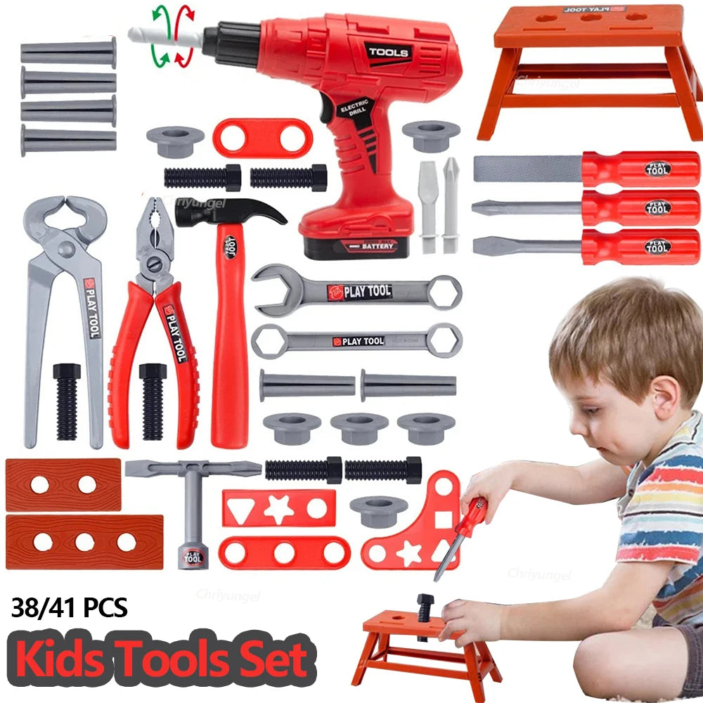 A set of red and gray pretend play tools including an electric drill, hammer, pliers, and various plastic tools for children.