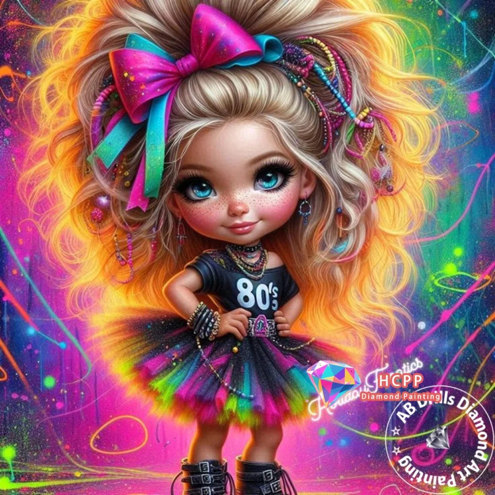 A detailed diamond painting of a blonde girl with curly hair and a pink bow, wearing a black top and a colorful skirt.