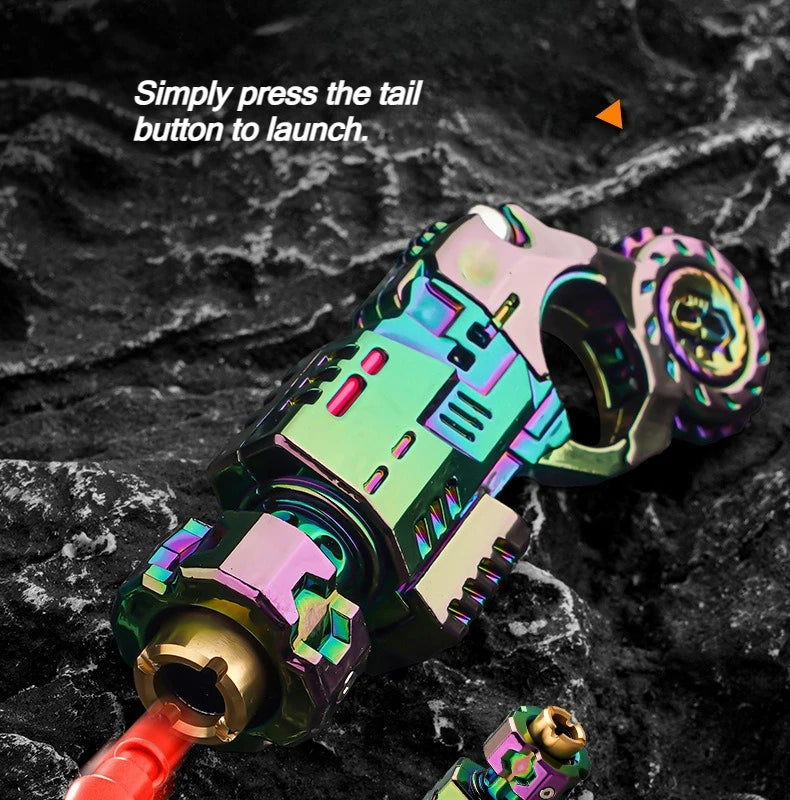 A close-up of a metallic, iridescent toy pistol and fidget spinner set resting on a dark, textured surface.