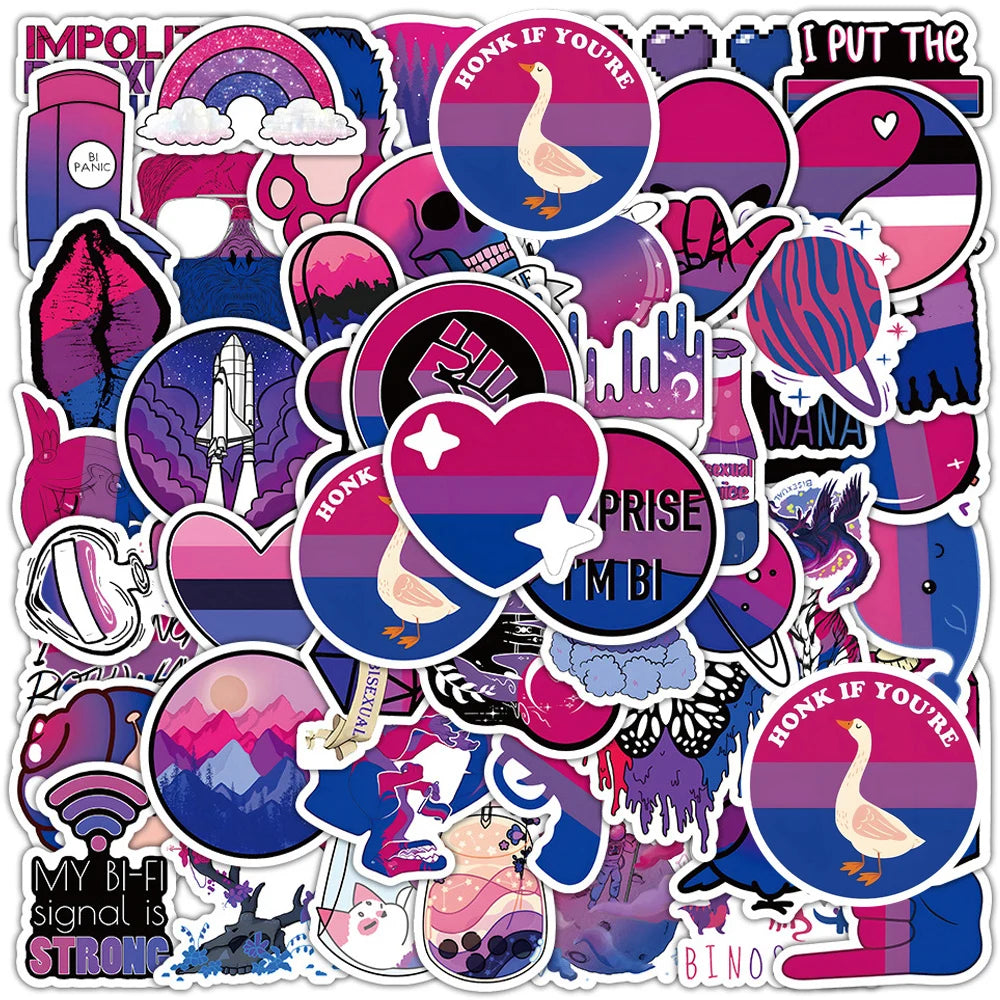 A collection of purple and pink pride themed stickers featuring skulls, hearts, and text like HONK IF YOU'RE and I PUT THE