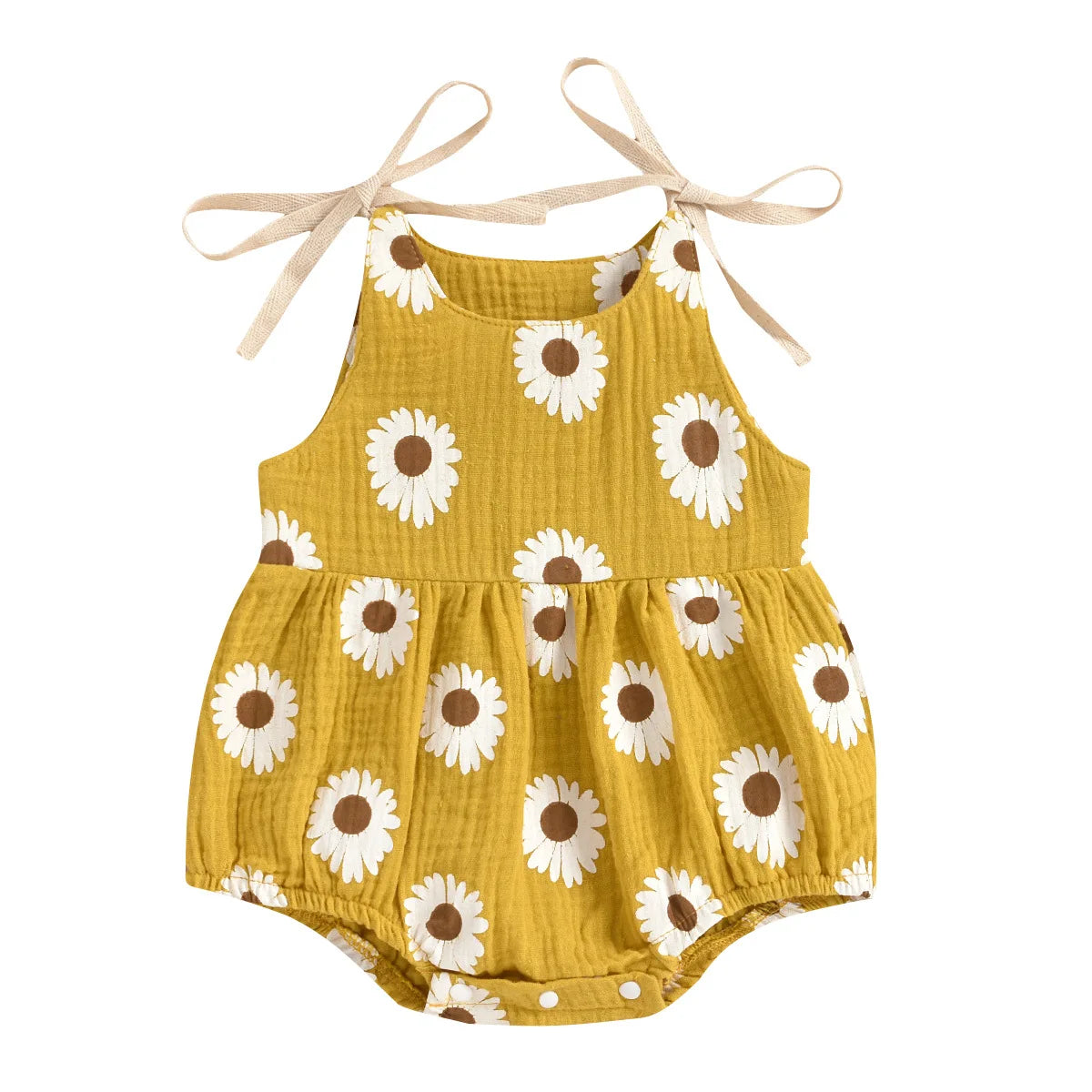 Yellow cotton romper for a baby girl with a white daisy floral print and adjustable ties