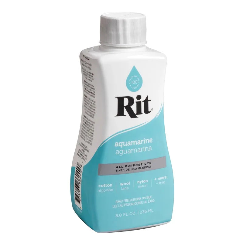 A bottle of Rit aquamarine liquid fabric dye with a white cap and light blue label.