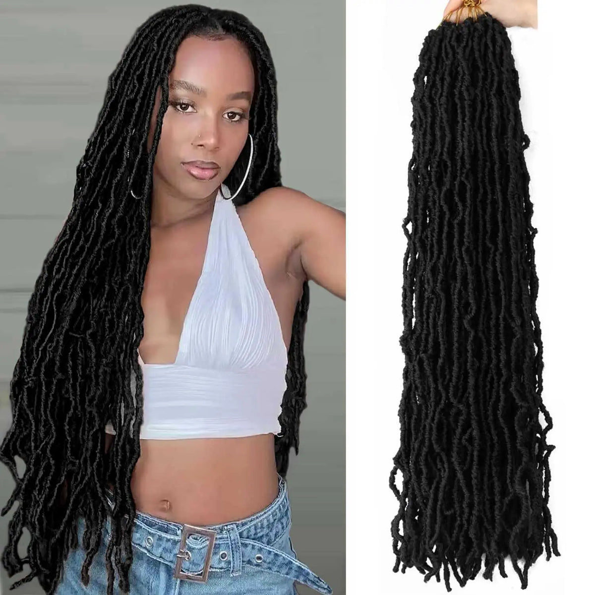 Long black faux loc crochet hair with a distressed and butterfly style worn by a woman