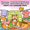 A puppy life coloring book featuring cute animal designs like a fox, dog, and chick on a pink background.