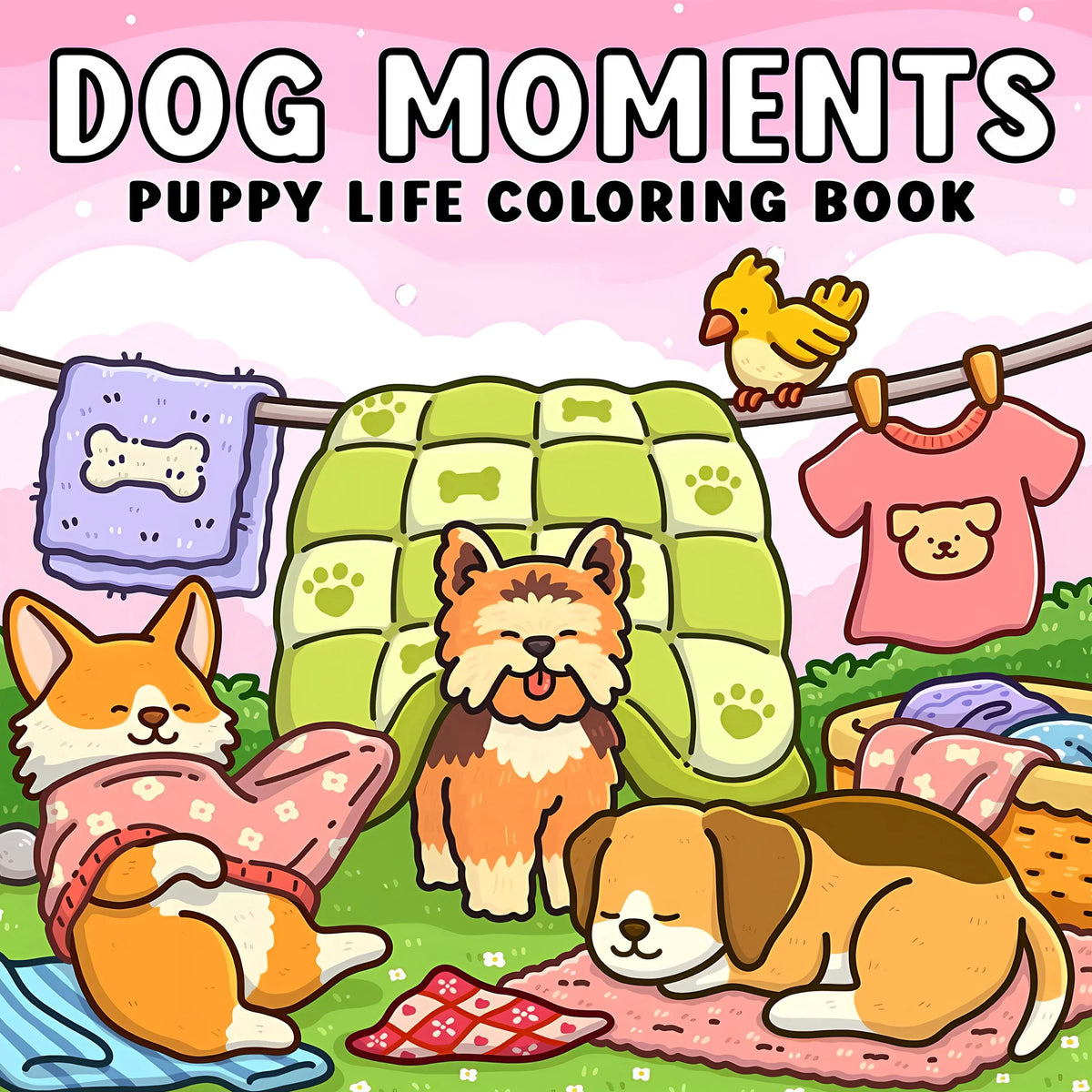 A puppy life coloring book featuring cute animal designs like a fox, dog, and chick on a pink background.