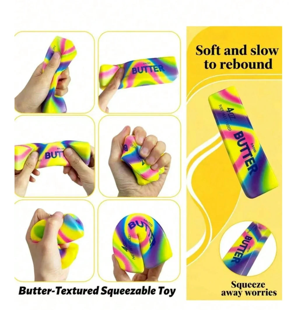 Hands demonstrate the Butter-Textured Squeezable Toy in various colors and angles.