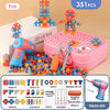 A pink plastic toy set featuring various drills, screws, nuts, and tools for building, including an electric drill.