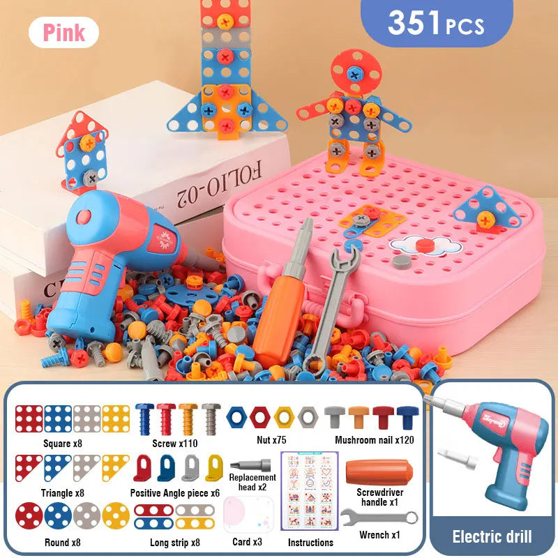 A pink plastic toy set featuring various drills, screws, nuts, and tools for building, including an electric drill.