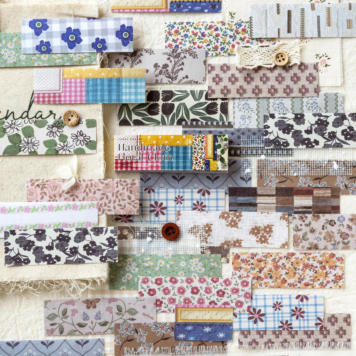 A collage of vintage patterned washi paper sticker sheets featuring floral, geometric, and textured designs.
