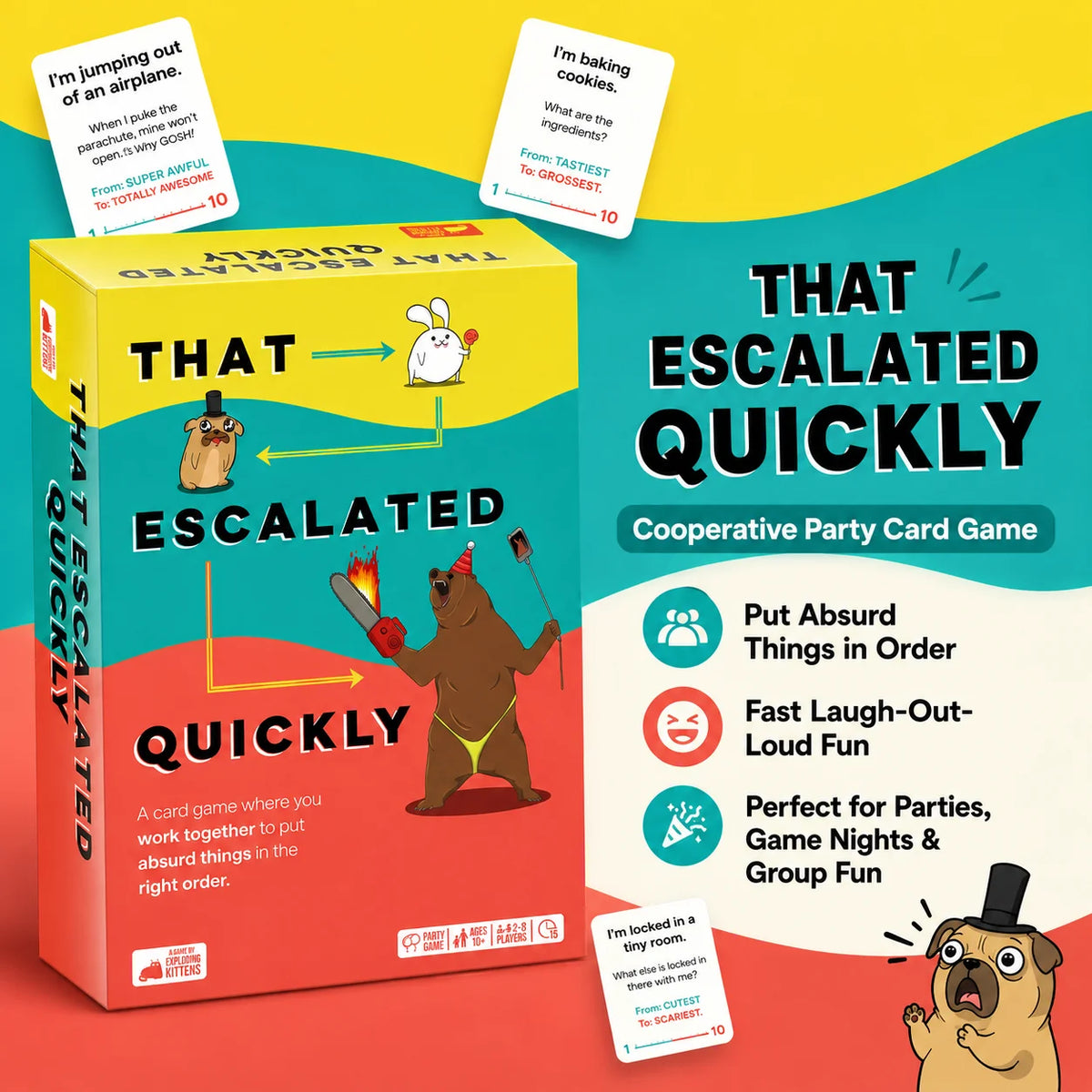 Box of the That Escalated Quickly Cooperative Party Card Game featuring a brown bear character and text.