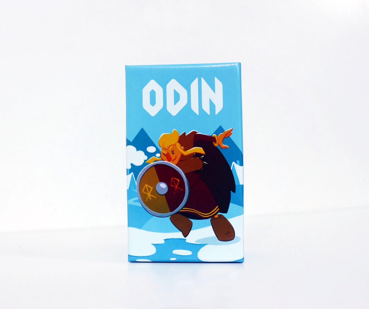 A blue box for the Odin card game featuring a stylized illustration of a character.