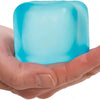 A hand holds a translucent blue slow-rebound ice cube squishy stress toy.