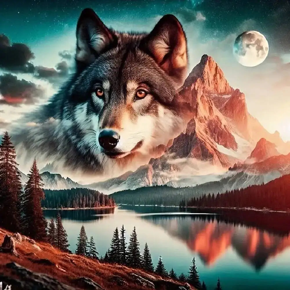 A majestic wolf's head looking directly at the viewer against a dramatic mountain and sky backdrop.
