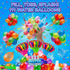 A colorful image showing 111 water balloons being filled, tossed, and splashing outdoors.