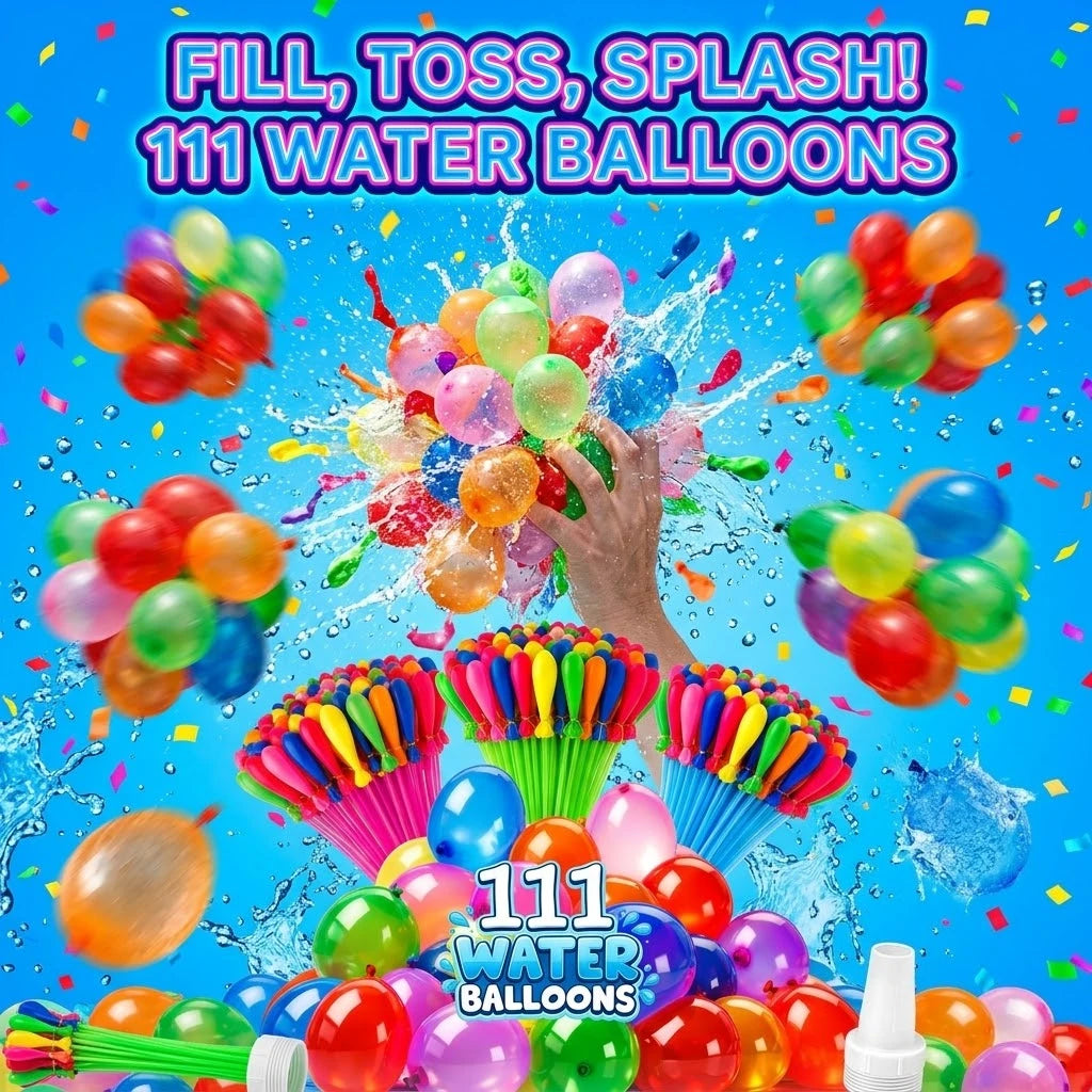 A colorful image showing 111 water balloons being filled, tossed, and splashing outdoors.