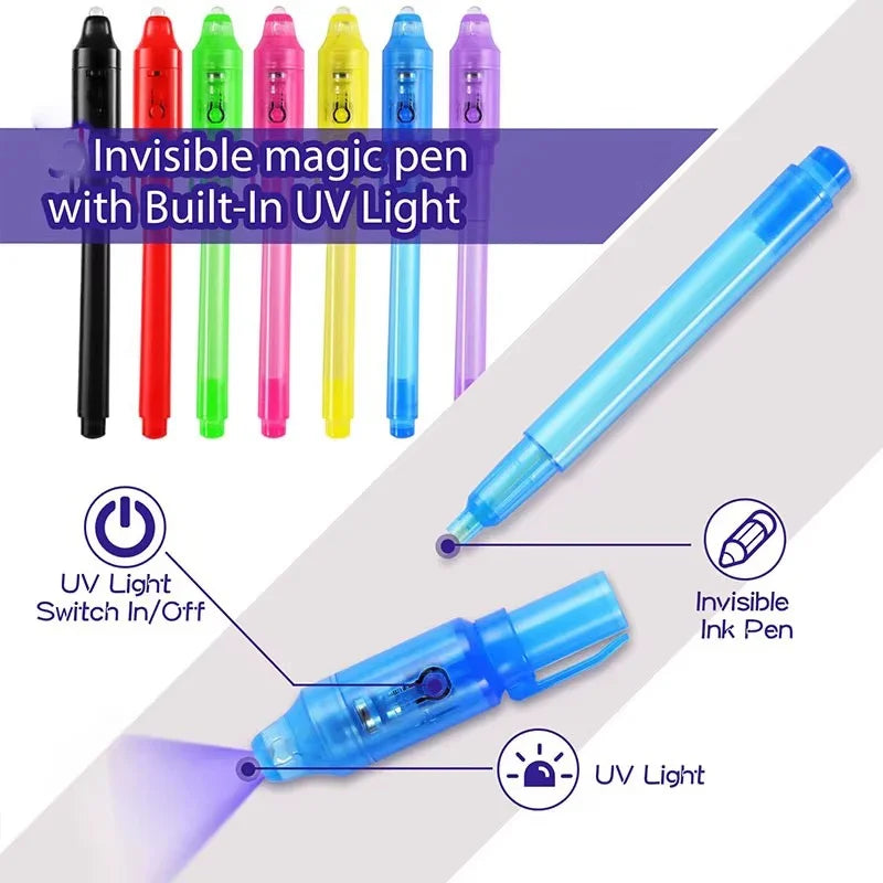 A set of invisible ink spy pens with built-in UV light, showing various colors and a blue pen being used to reveal ink.