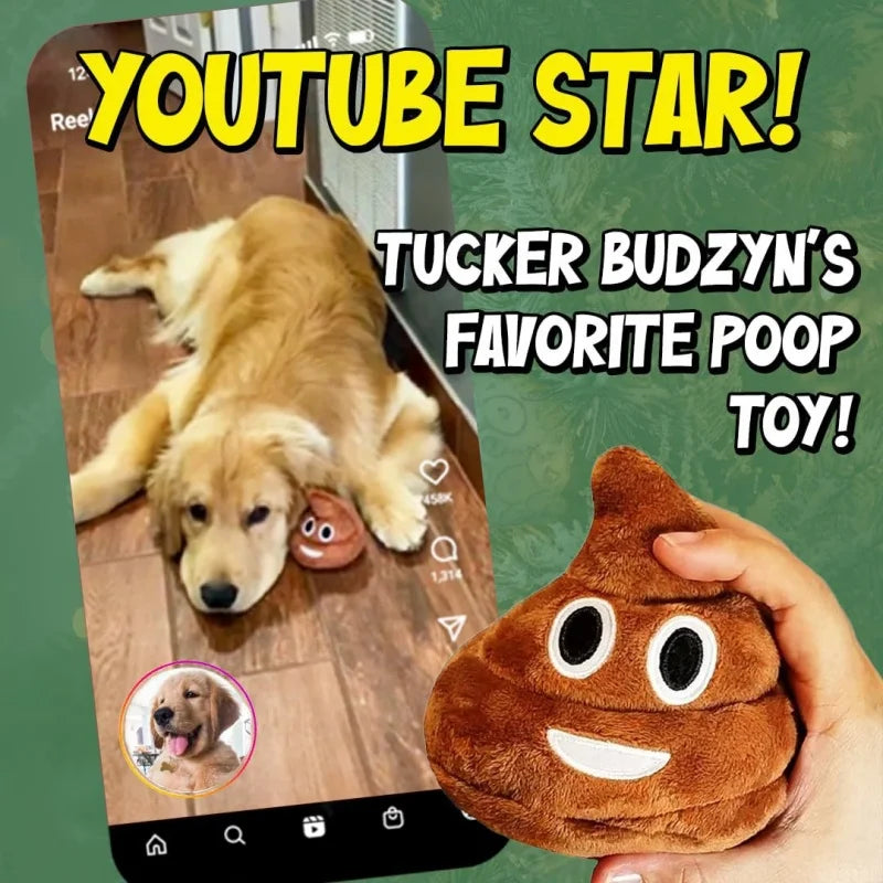 A hand holds a brown, squishy plush toy shaped like a funny poop with large eyes and a smile.
